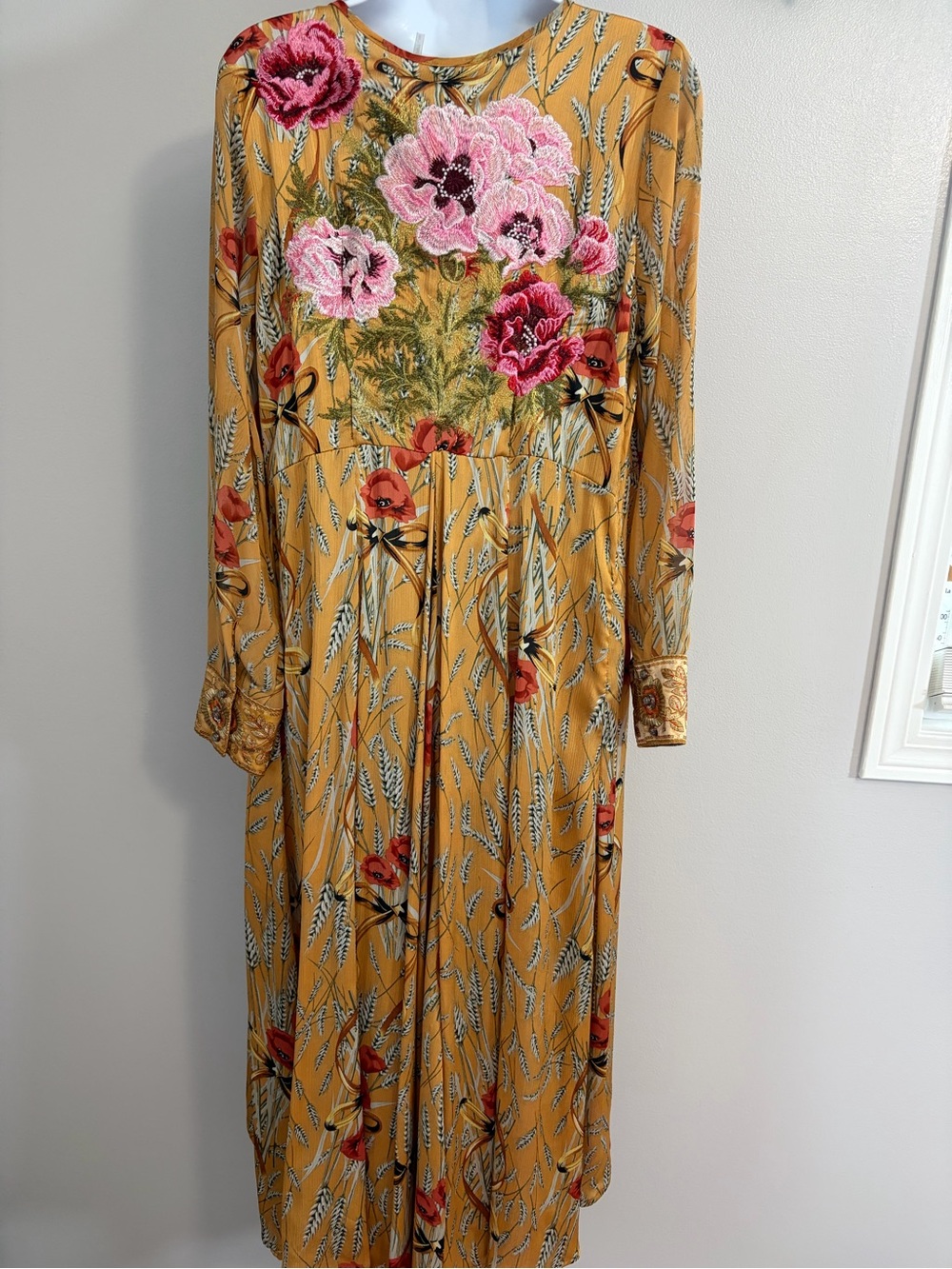 NWOT Aratta Silent Journey Embroidered Mustard Floral Wrap Midi Dress